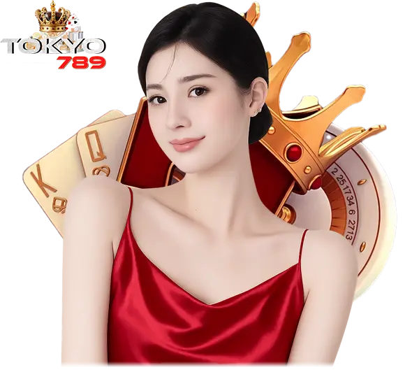 TOKYO789 คาสิโนออนไลน์ ภาพผู้หญิงถือไพ่เอซ พื้นหลังวงแหวนทองโทนพรีเมียมแดงทอง