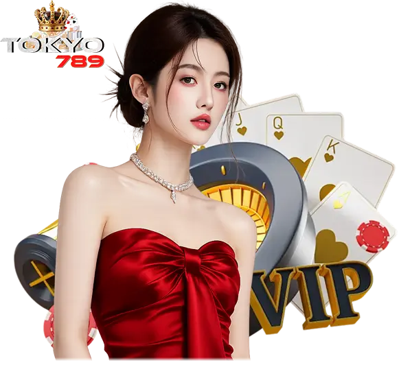 TOKYO789 คาสิโนเว็บตรง ภาพผู้หญิงชุดแดงพื้นหลังไพ่และคำว่า VIP โทนแดงทองพรีเมียม