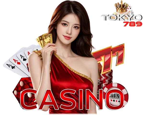 TOKYO789 คาสิโนออนไลน์ ไอคอนผู้หญิงชุดแดงพร้อมไพ่และลูกเต๋า โทนแดงทองพรีเมียม