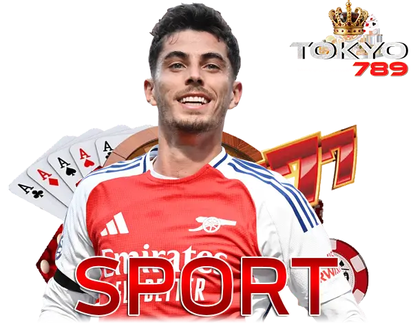 TOKYO789 แทงบอลเว็บตรง ไอคอนนักฟุตบอลชุดแดงพร้อมไพ่และตัวอักษร SPORT โทนแดงพรีเมียม