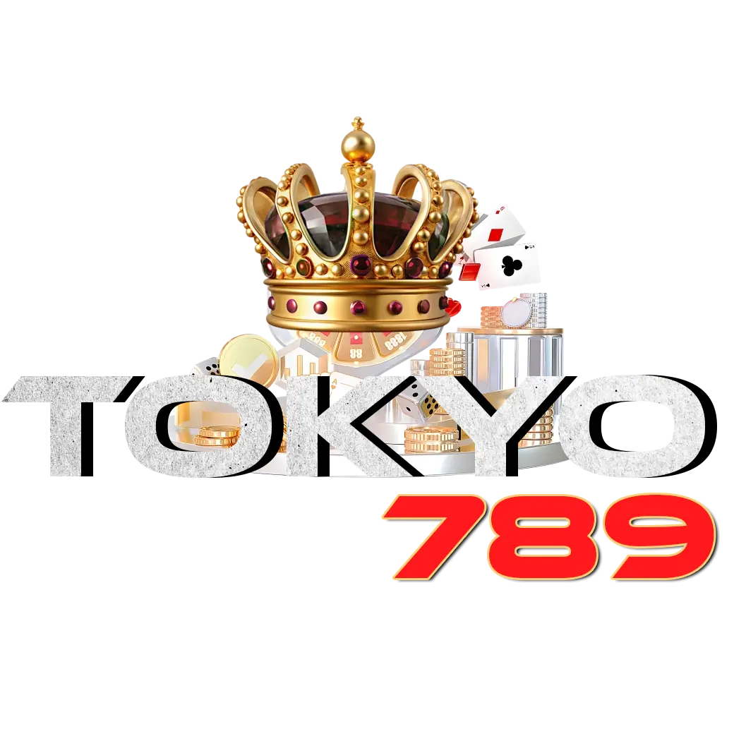 TOKYO789 โลโก้ตัวอักษรสีเงินพร้อมมงกุฎทองและไพ่คาสิโน ดีไซน์พรีเมียมหรูหรา